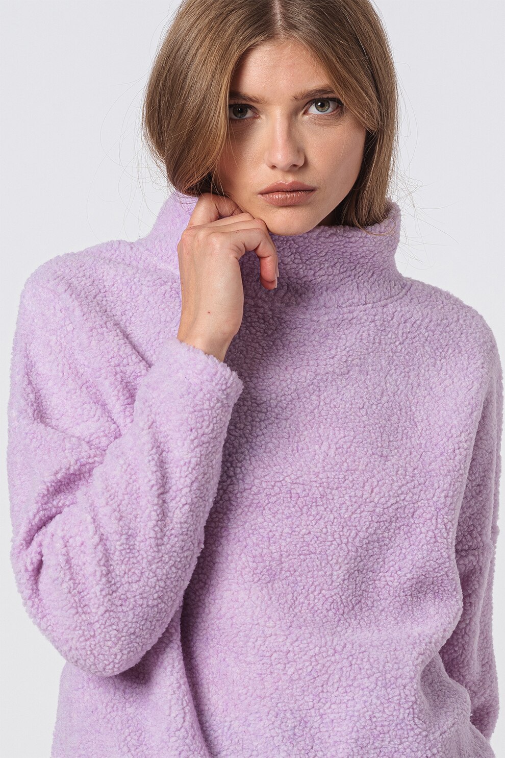 Only, Bluza sport din material teddy cu guler inalt Amara, Lila